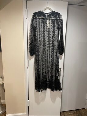 Zara Black Sheer Lace Long Sleeve Midi Dress
